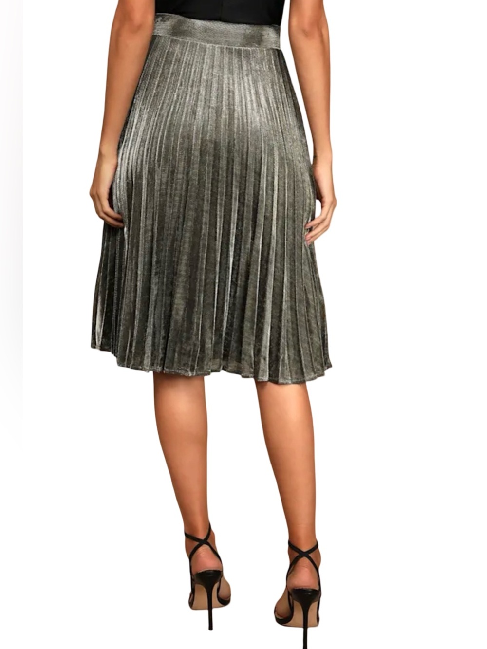 NWT Lulus Star Shine Olive Gold Metallic Pleated Midi Skirt Size Medium - Picture 2 of 12